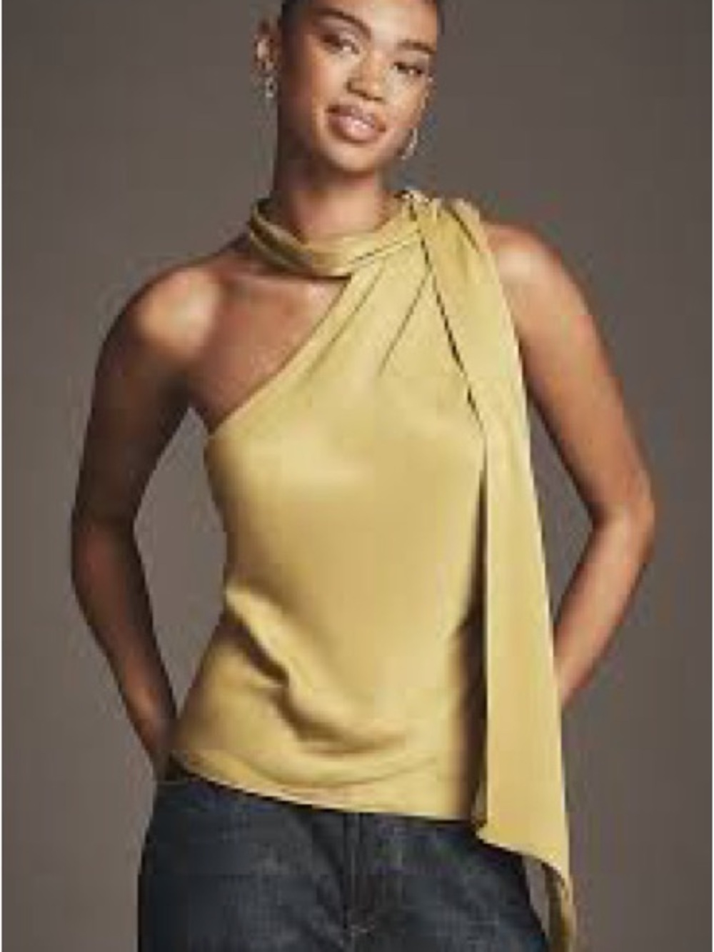 Anthropologie One-Shoulder Tie-Neck Satin Top in Chartruese